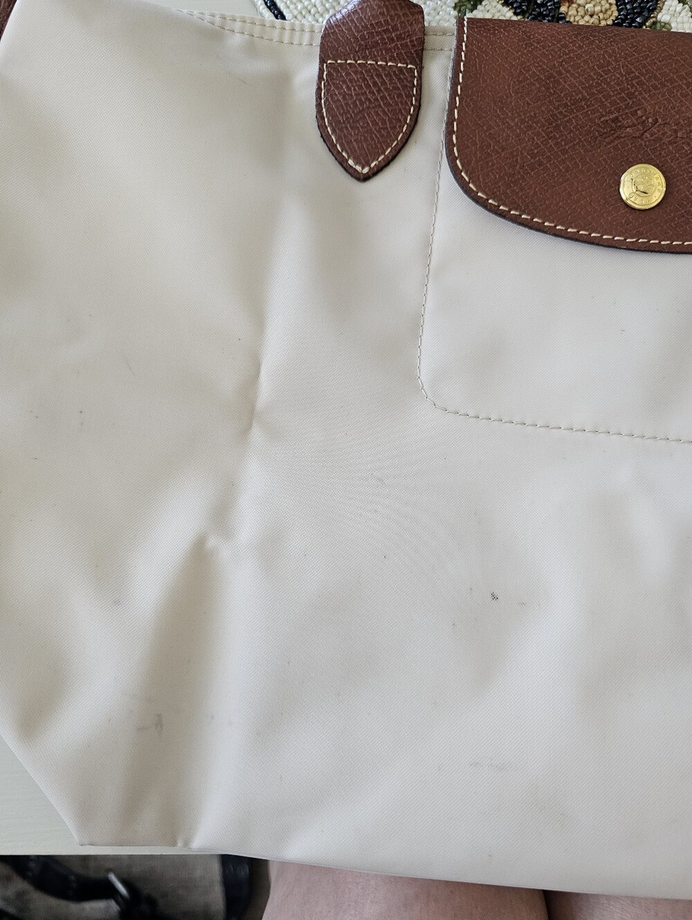 Longchamp Cream Tote with Brown Leather Trim and Handles - Picture 12 of 15